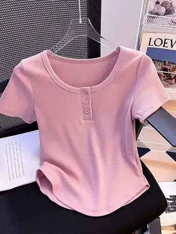 u领锁骨修身正肩短袖t恤女夏纽扣设计感短款小个子纯欲螺纹棉上衣商品大图