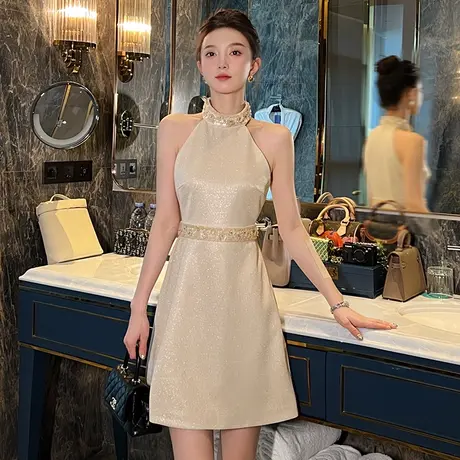 端庄大气优雅名媛风挂脖连衣裙小众轻奢显瘦无袖修身短裙子夏季女图片