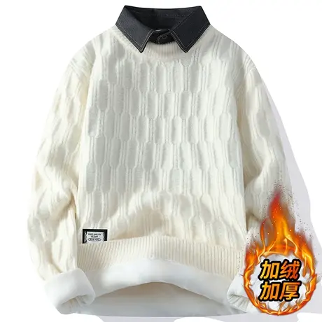 高级感假两件毛衣男秋冬季加绒加厚衬衫领针织衫男内搭保暖打底衫商品大图