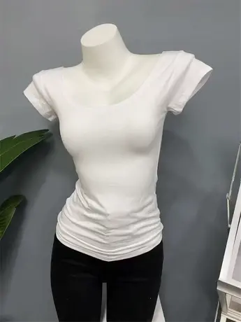 韩国基本款 百搭性感显身材乳白色纯棉紧身短袖T恤打底衫上衣ins商品大图