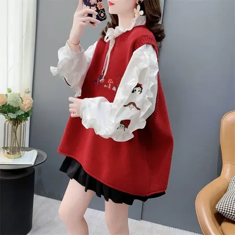 日系刺绣圆领针织马甲背心女春季新款洋气宽松百搭无袖坎肩上衣潮商品大图