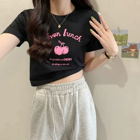 唐狮短袖T恤女春秋季樱桃印花紧身小衫辣妹宽松短款上衣洋气图片