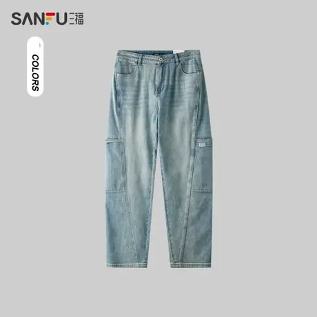 三福2024夏季男士斜分口袋牛仔裤 潮流美式宽松直筒长裤483264商品大图
