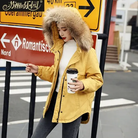 棉服女冬装2021新款韩版时尚潮黑色修身复古毛领棉袄外套棉衣短款商品大图