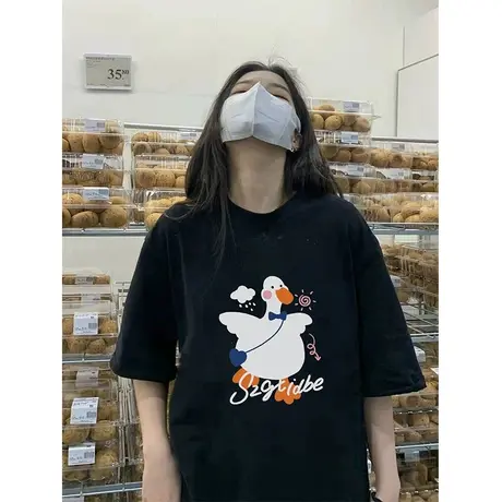 重磅纯棉黑色短袖t恤女美式复古oversize潮牌小众设计感半袖上衣图片