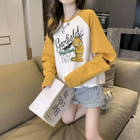 唐狮[加菲猫]长袖T恤女秋冬季新款设计感小众拼色tT恤内搭上衣商品大图