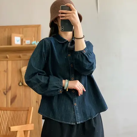 dza 复古气质长袖牛仔衬衫外套女2024春宽松翻领口袋上衣休闲衬衣图片