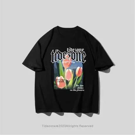 Ohlyah2023新款春夏短袖t恤男女情侣郁金香花卉印花潮牌圆领上衣图片