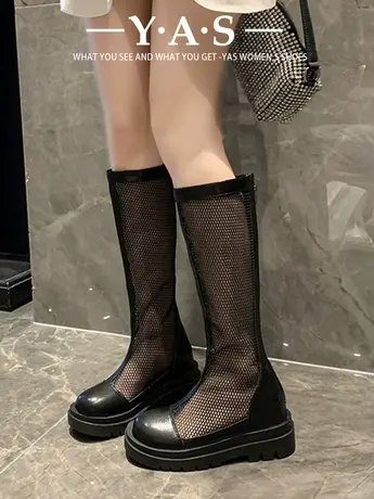 网靴女夏2024新款网纱镂空高筒靴时尚厚底长靴子透气瘦瘦凉靴图片