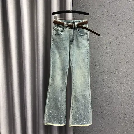 韩版微喇裤女24春夏新款浅蓝色重工烫钻气质高腰显瘦百搭牛仔长裤图片