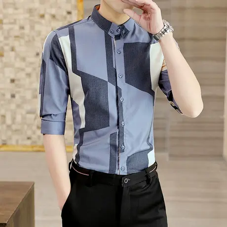 夏季七分袖衬衫男士韩版潮流帅气短袖衬衣半中袖发型师高级感寸衫商品大图