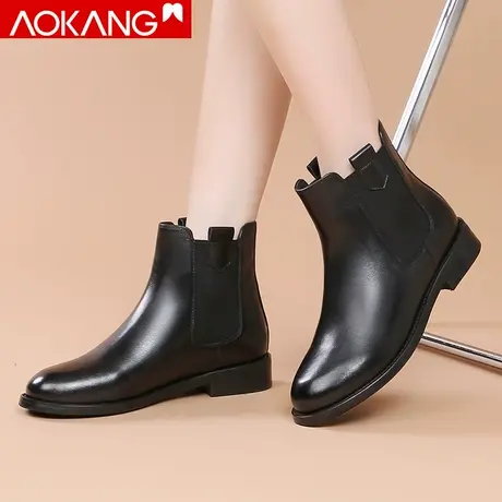 奥康女鞋冬季小牛真皮侧拉链妈妈女棉鞋圆头加绒保暖低跟短靴女商品大图