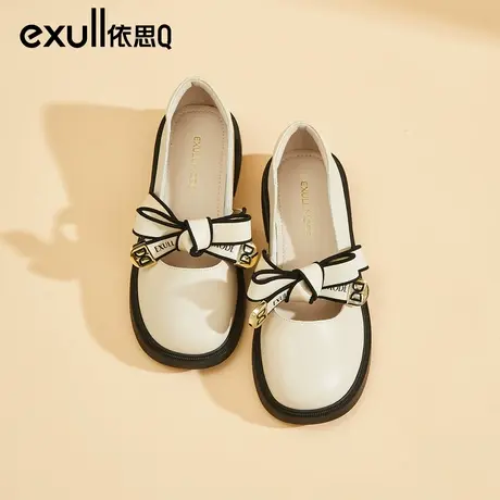 依思q白色圆头平底乐福鞋女软皮蝴蝶结玛丽珍小皮鞋春季大头单鞋商品大图