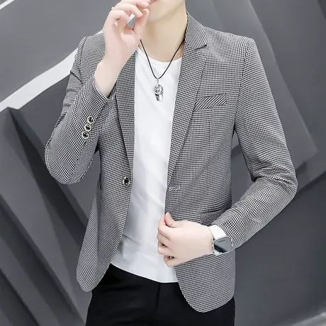 男士千鸟格时尚潮流西装春秋季修身单西上衣休闲便装经典西服外套商品大图