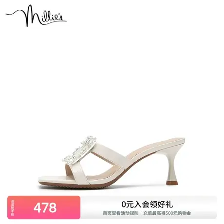 millie's/妙丽商场同款牛皮时尚钻扣时尚高跟仙女凉拖鞋SGW02BT2商品大图