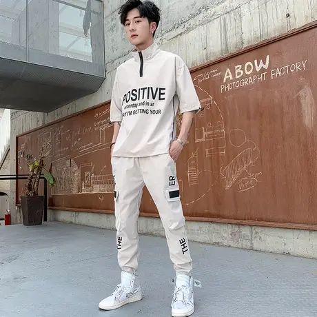 夏季套装男装2023新款工装休闲夏装潮流帅气搭配男士短袖T恤一套商品大图