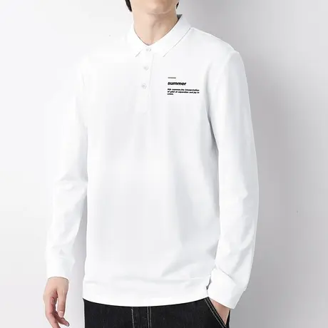 珠地棉polo衫男士长袖翻领t恤保罗2023新款带领打底衫白色秋衣服图片
