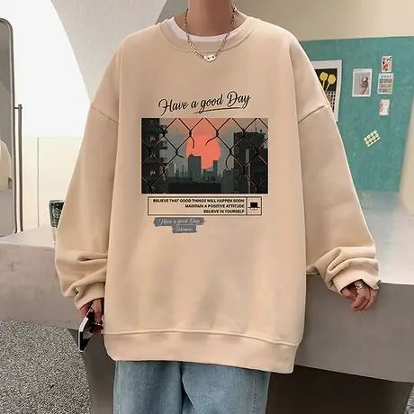 无帽卫衣男ins潮牌秋冬季宽松外套港风套头打底衫圆领内搭上衣服t商品大图