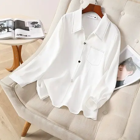 伊自尚2023年新款女装胖mm大码秋季洋气简约休闲长袖白色衬衫上衣商品大图