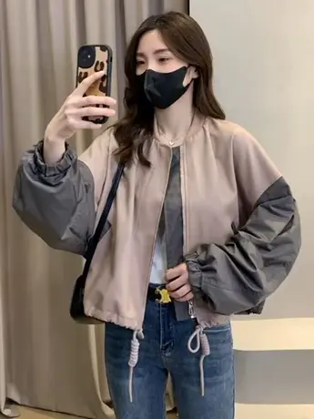 欧货拼色棒球服外套女2023春秋新款小个子宽松短款设计感夹克上衣图片