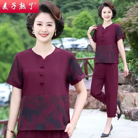 妈妈夏装短袖套装洋气两件套大码60岁70奶奶上衣T恤中老年人女装商品大图