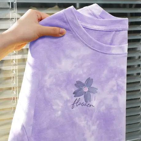 扎染短袖t恤女夏季小众设计感上衣2023年新款小紫花纯棉体恤半袖商品大图