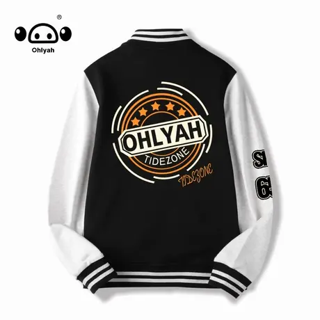 Ohlyah美式街头拼接黑白纯棉棒球服男女秋冬宽松潮牌夹克外套潮商品大图