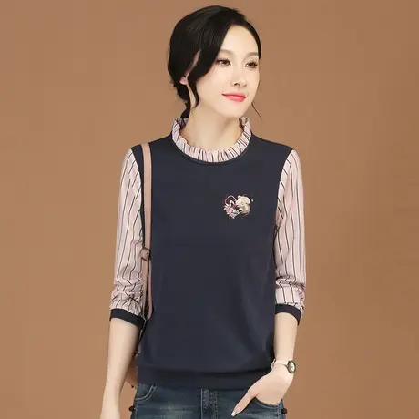 韩潮袭人立领条纹拼接刺绣长袖卫衣女2023秋季新款百搭t恤衫上衣图片