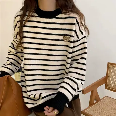 秋冬2023年新款套头韩版圆领条纹内搭毛衣女长袖修身针织打底衫女图片