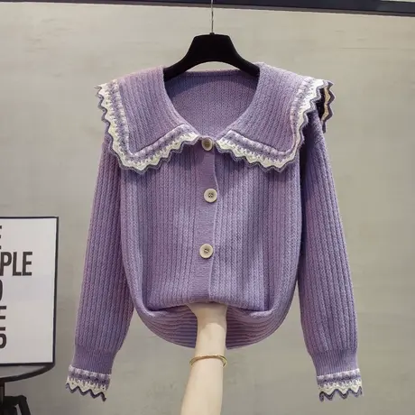 娃娃领毛衣外套女2023秋装新款宽松慵懒风外穿上衣加厚针织开衫潮图片