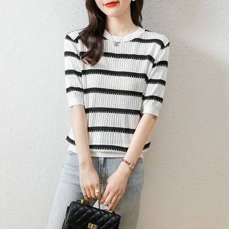 夏季女士短袖t恤2023韩版新薄款条纹圆领套头上衣宽松显瘦针织衫图片