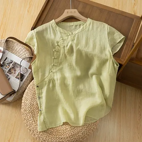 享永子短袖苎麻上衣女文艺复古棉麻小衫漂亮衬衫宽松2023夏季新款图片