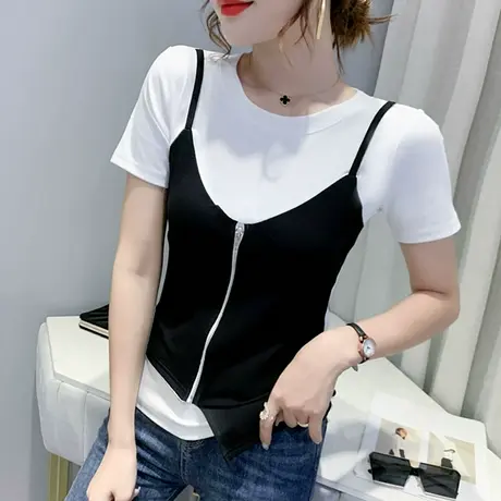时尚撞色假两件T恤女短袖夏设计感不规则上衣洋气显瘦丅恤半袖ins商品大图