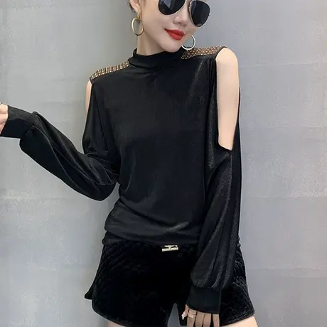 欧货性感露肩长袖T恤女春秋2023新款宽松遮肚打底衫时尚烫钻上衣商品大图