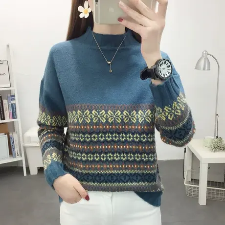 半高领民族风宽松套头毛衣女2022年秋冬新款加厚外穿针织打底衫女图片
