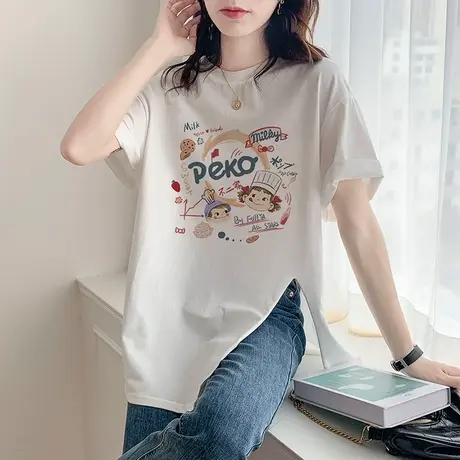 纯棉短袖卡通T恤女中长款宽松小众夏季设计感开叉半袖正肩上衣ins商品大图