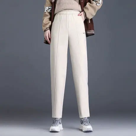 小个子休闲裤女秋冬2023新款松紧腰宽松毛呢哈伦裤减龄百搭小脚裤商品大图