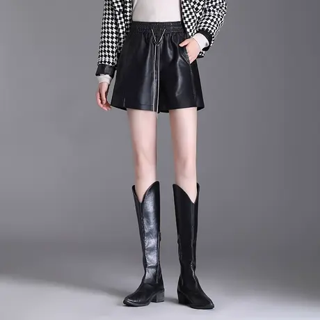 黑色松紧腰短裤时尚PU皮裤高腰显瘦阔腿裤女秋季2023新款休闲裤子商品大图