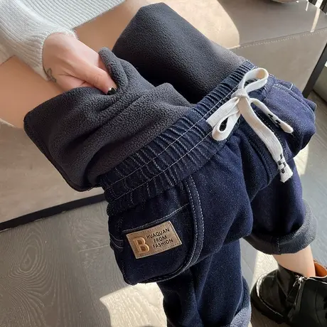 加绒哈伦牛仔裤女秋冬新款高腰直筒宽松显瘦松紧腰加厚老爹萝卜裤商品大图