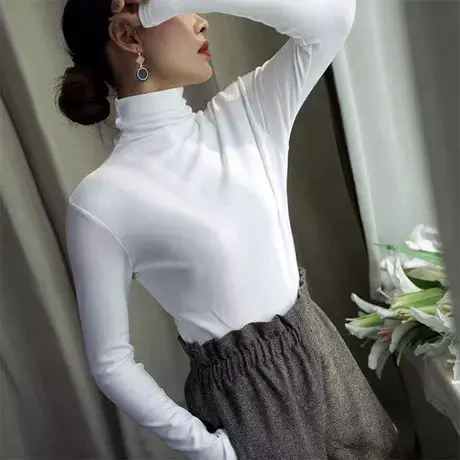 欧洲站秋冬半高领纯色长袖T恤上衣潮修身显瘦堆堆领百搭打底衫女图片