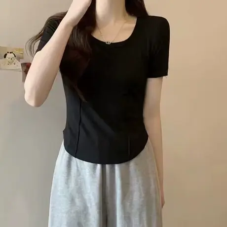小个子短款鱼骨短袖T恤女夏装2023新款纯棉修身半袖打底衫上衣潮商品大图