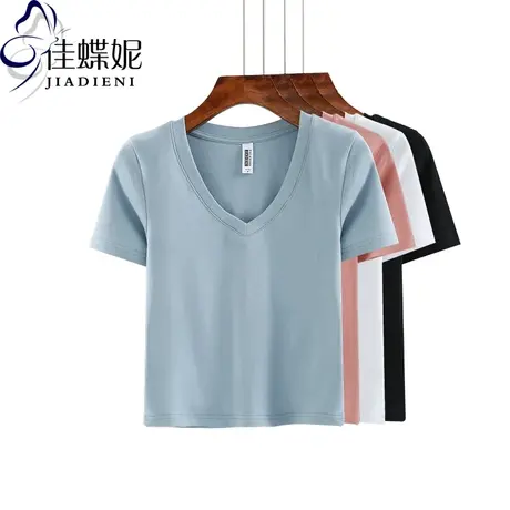 春夏新品V领小心机上衣设计感短款露脐性感修身打底衫女短袖t恤纯图片