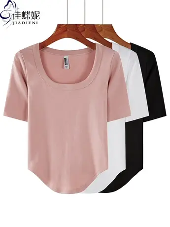 早秋新款韩下摆圆弧纯欲修身显瘦U领纯棉纯色中袖体恤上衣内搭女商品大图