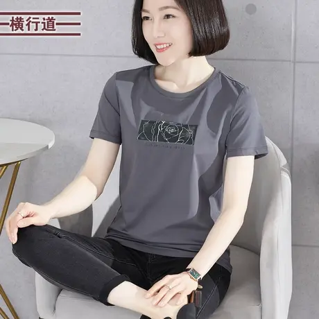 圆领印花宽松T恤短袖2023夏季新款休闲简约汗衫纯色套头休闲女衣商品大图