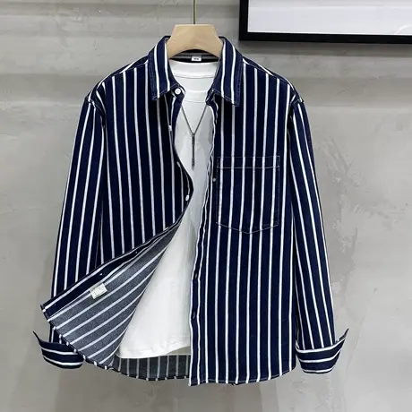 秋季条纹牛仔衬衣男潮流日系休闲宽松夹克帅气美式长袖衬衫外套男商品大图