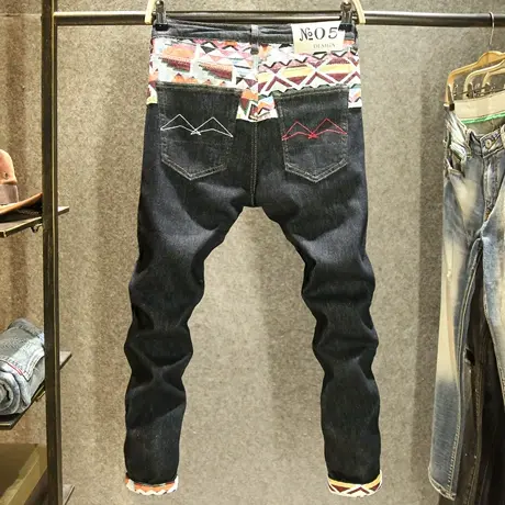 夏季黑色拼色九分裤男款牛仔裤修身小脚裤高端刺绣拼接弹力9分裤商品大图