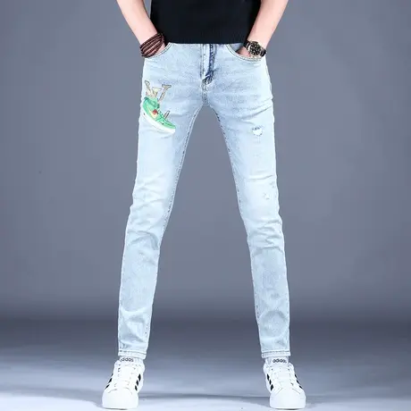 2023男士新款春季牛仔裤子时尚烫钻印花修身小脚裤棉弹百搭潮牌男图片