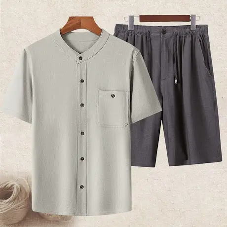 中国风亚麻短袖t恤短裤套装男士休闲大码冰丝薄款麻料两件套衬衣商品大图