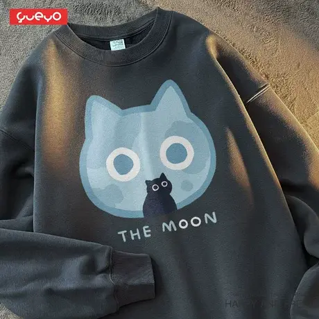 悦游 Moon黑猫 早秋薄款圆领卫衣男宽松猫咪回头月亮日系潮流原创商品大图