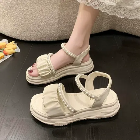 小香风厚底凉鞋女夏2023新款平底松糕休闲女款鞋罗马沙滩鞋ins潮商品大图